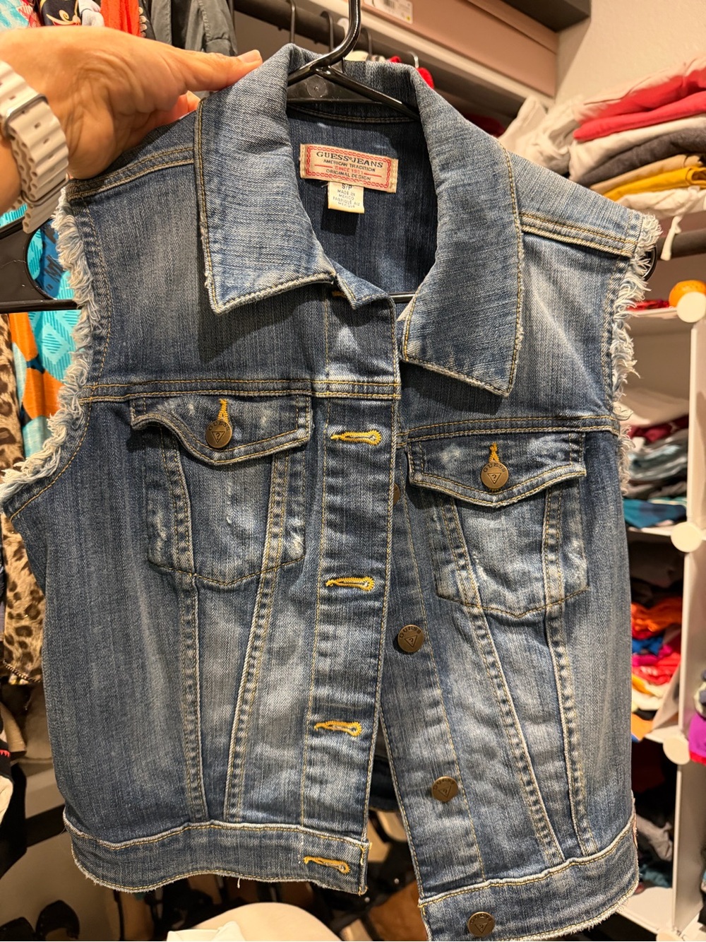Guess Sleeveless Denim Vest in Medium Blue Wash